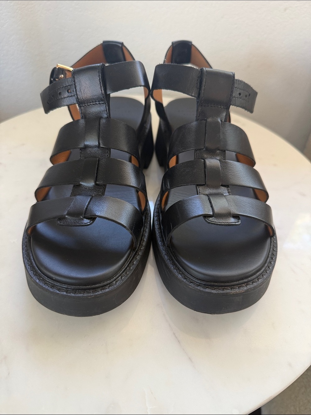 Sezane Black Leather Strappy Platform Sandals